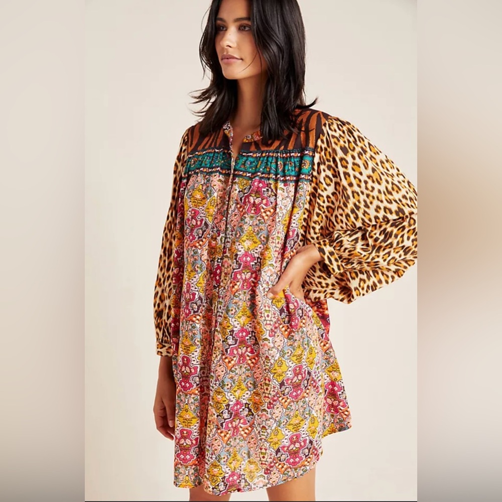 Anthropologie Multicolor Printed Mix-Pattern Sleep Tunic with Leopard Sleeves